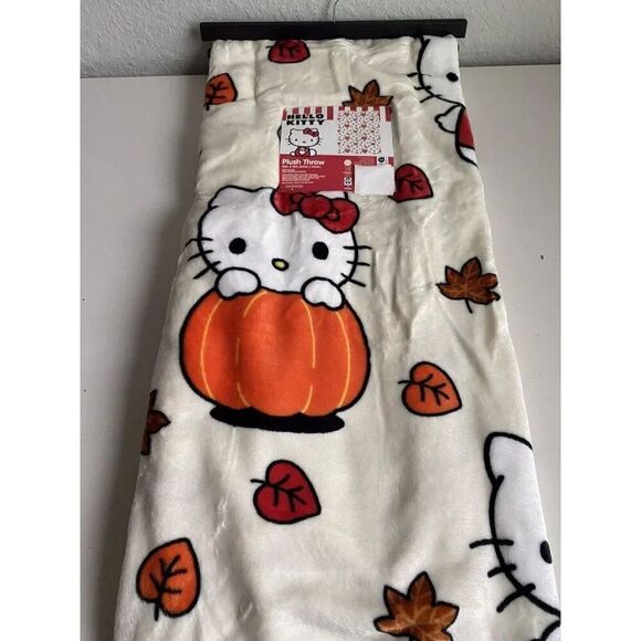 Hello Kitty Autumn Fall Leaves Pumpkins White Soft Throw Blanket 50 x 70” NEW - Picture 1 of 12